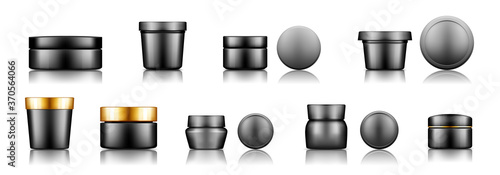 Black cosmetic jar set with cap mockup isolated from background for lotion, cream, powder. Plastic package design. Blank hygiene, medical, body or face care template. 3d vector illustration