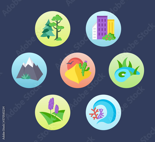 Landscape nature icons set. Scenery pictogram collection: ocean, grassland, forest, dessert, wetland, mountain, urban, meadow, lakeside.  Flat illustration