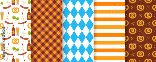 Oktoberfest seamless pattern. Octoberfest background. Vector. Textures with rhombus, beer, pretzel, stripes and gingham. Set Germany diamond prints. Color illustration. Bavarian traditional wallpaper.