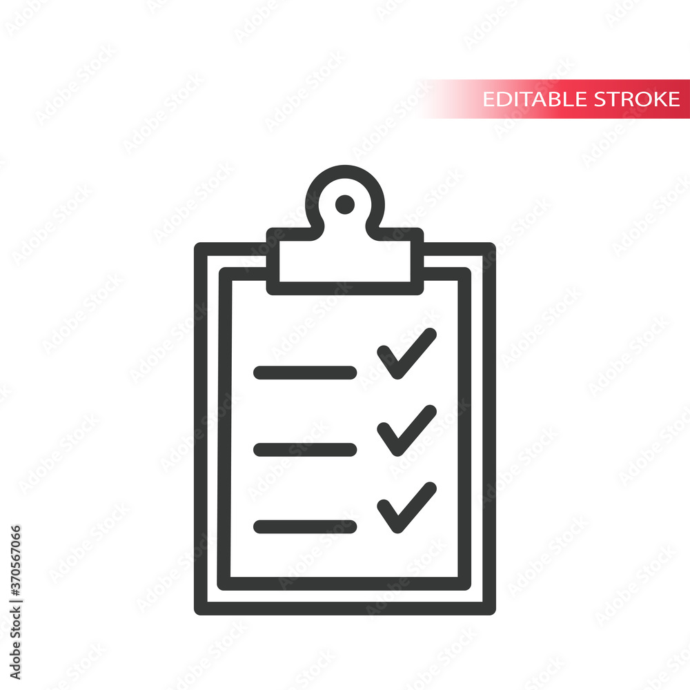 Office clipboard with checklist line vector icon. Tick mark, checklist on a clipboard simple outline symbol, editable stroke. Office clipboard with checklist line vector icon. Tick mark, checklist on a clipboard simple outline symbol, editable stroke.