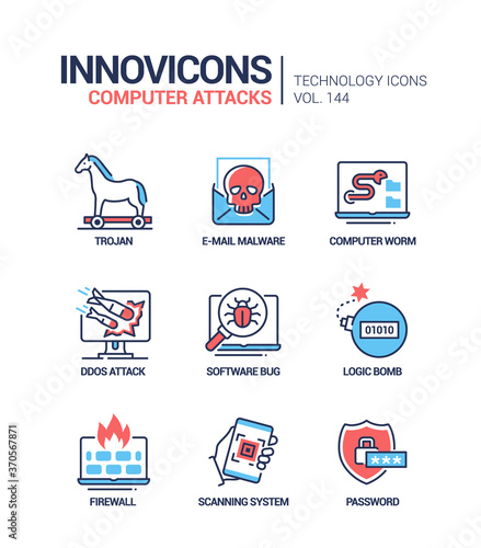 Computer attacks - colorful line design style icons