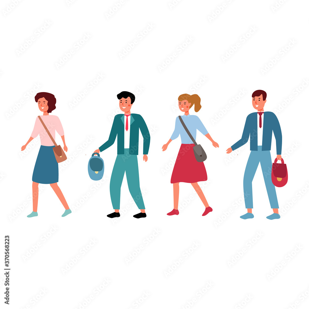 Cartoon school boys and girls in uniform with backpacks against white background. Flat vector illustration. educational concept. friends go to school together.
Cartoon school boys and girls in uniform with backpacks against white background. Flat vector illustration. educational concept. friends go to school together.
