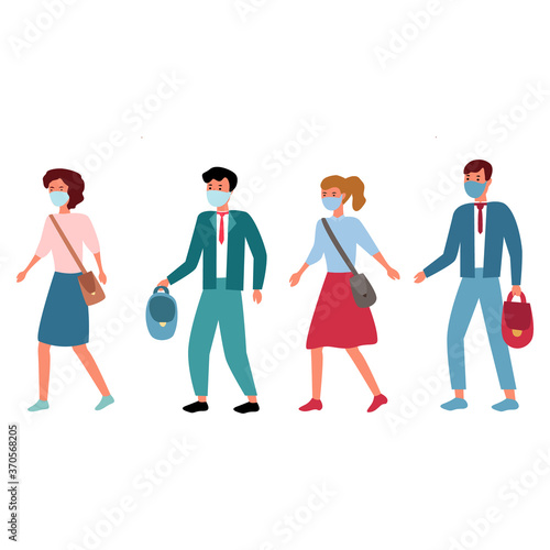Cartoon portrait of girls and boys going to school during quarantine. Masks, school backpacks, clothing, great designs for any purpose. The concept of protecting pupils during training. Vector fashion