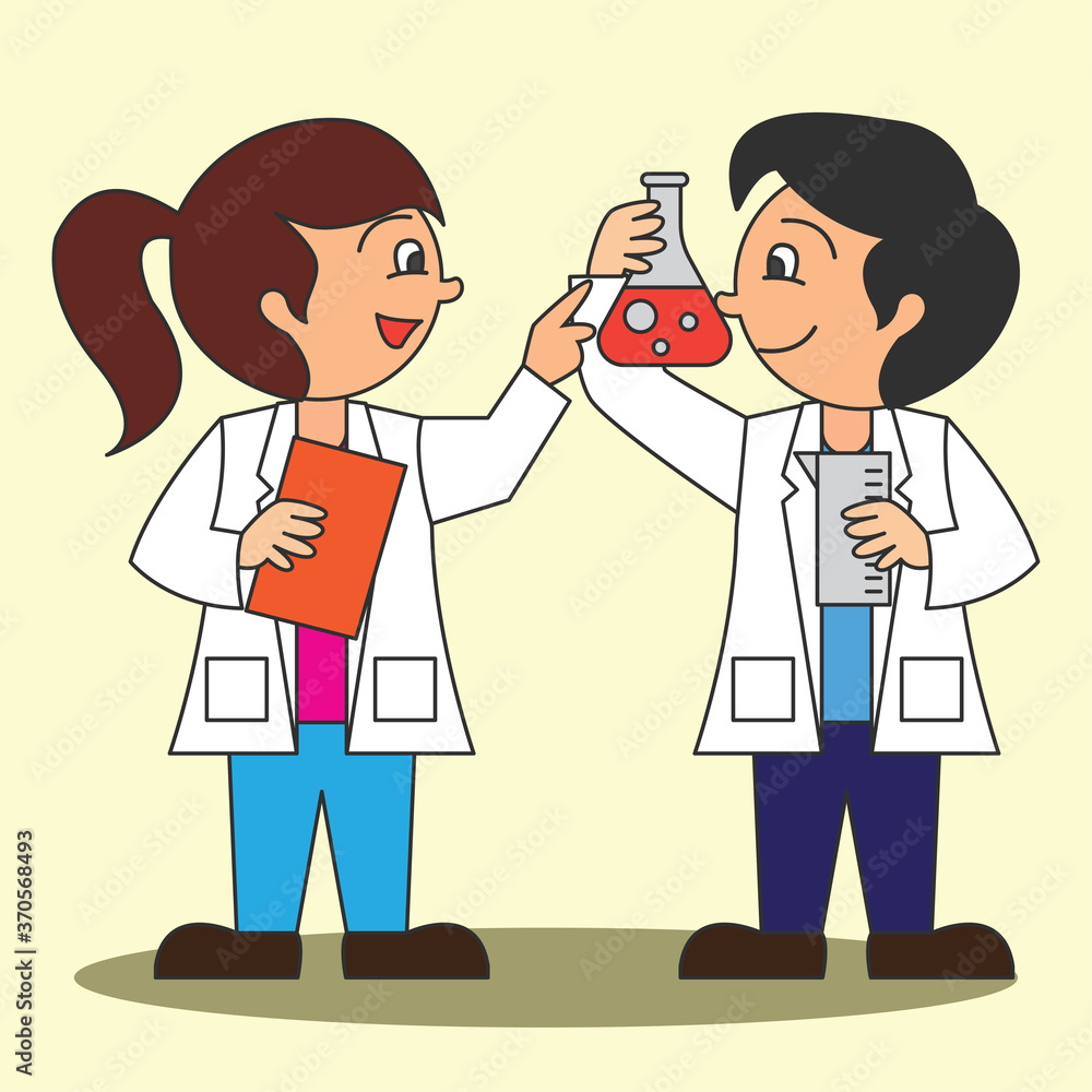 scientist man and woman doing research and analysis in a laboratory. cartoon character. vector illustration scientist man and woman doing research and analysis in a laboratory. cartoon character. vector illustration