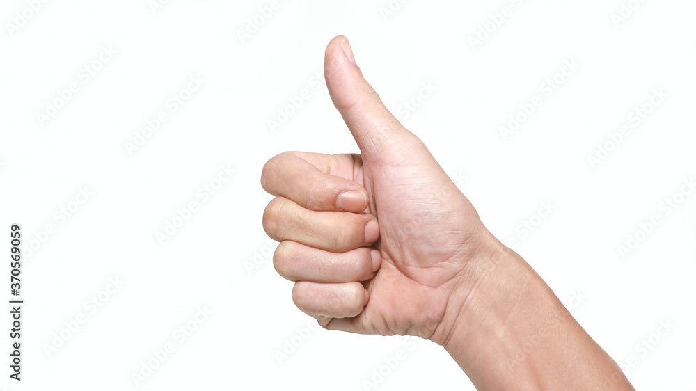 Close up male thumb up, Excellent or like sign and symbol concept, isolated on white background. Close up male thumb up, Excellent or like sign and symbol concept, isolated on white background.