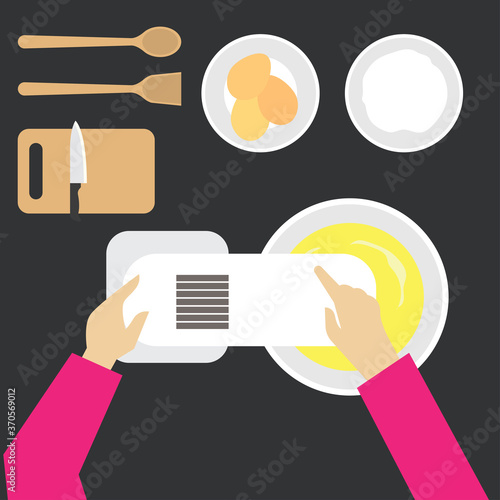 top view of  man working at kitchen table. vector illustration