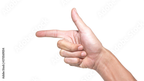 Close up male hand with pointing index finger to forward, isolated on white background. © Daronk