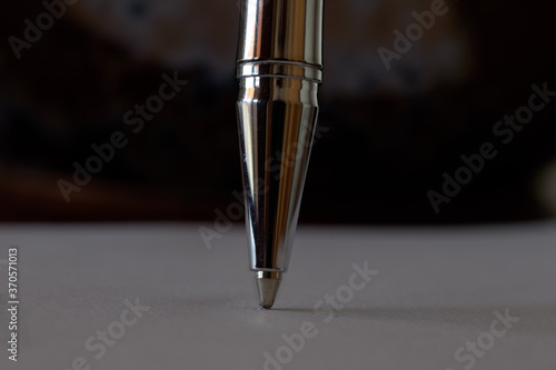 Close-up of a metal ballpoint pen