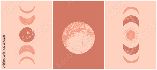Abstract contemporary aesthetic cards set with moon phases. Mid century  minimalist art print. Boho modern wall decor. Organic terracotta shapes. Mystery vector background photo