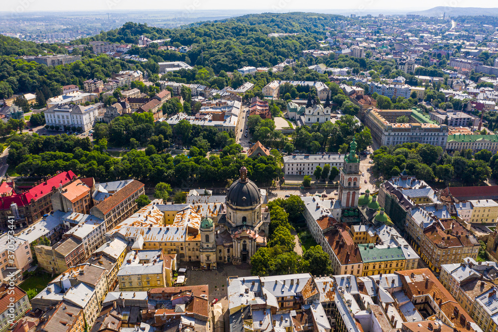 Panoramic aerial view of colourful houses in historical old district of Lviv, Ukraine. Lviv is one of main cultural centres and largest city and in western Ukraine.