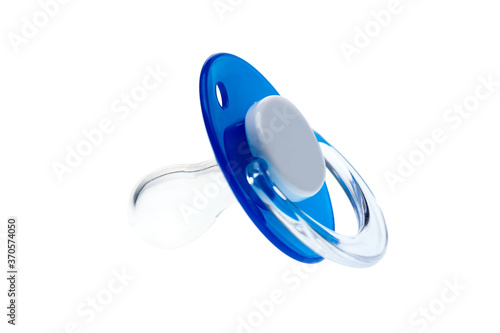 Fotótapéta a silicon pacifier babies made of transparent soft latex, blue plastic soother isolated on white background mock up nobody