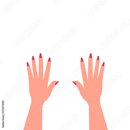Two hands with nails painted with nail polish. Manicure on nails. Vector illustration, flat cartoon design, isolated on white background, eps 10.