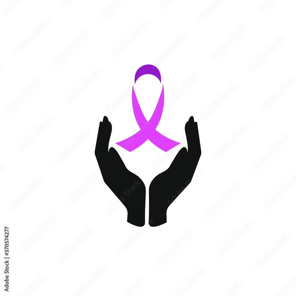 Obraz premium Vector icon, two hands holding a pink ribbon above them, a symbol of breast cancer. Illustration is isolated on white background, eps 10.