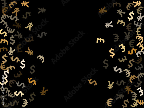 Euro dollar pound yen metallic icons scatter currency vector background. Finance pattern. Currency 