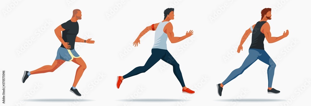 Handsome Men in good physical shape in sportswear with a heart rate monitor. beautiful people Running Vector flat design illustration.