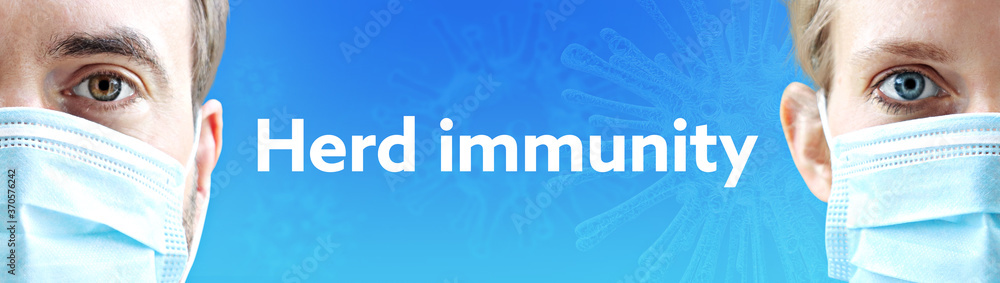 Herd immunity. Faces of man and woman with face mask. Couple wearing breathing mask. Blue background with text. Virus, corona, coronavirus Herd immunity. Faces of man and woman with face mask. Couple wearing breathing mask. Blue background with text. Virus, corona, coronavirus