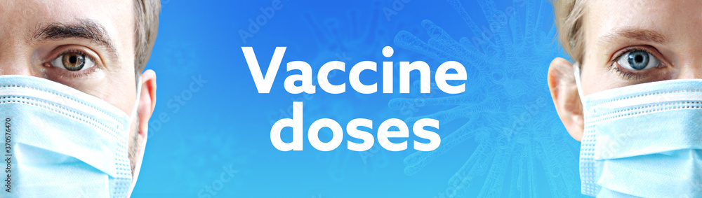 Vaccine doses. Faces of man and woman with face mask. Couple wearing breathing mask. Blue background with text. Virus, corona, coronavirus Vaccine doses. Faces of man and woman with face mask. Couple wearing breathing mask. Blue background with text. Virus, corona, coronavirus