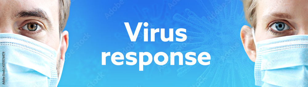 Virus response (Coronavirus). Faces of man and woman with face mask. Couple wearing breathing mask. Blue background with text. Virus, corona, coronavirus