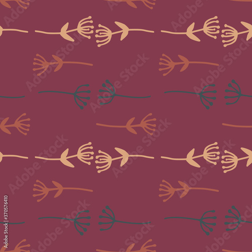 Seamless pattern with floristic dandelion multicolor shapes. Burgundy background. Naive stylized design.