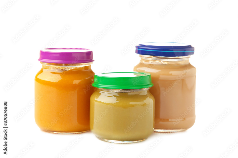 Jars of baby puree isolated on white background. Jars of baby puree isolated on white background.