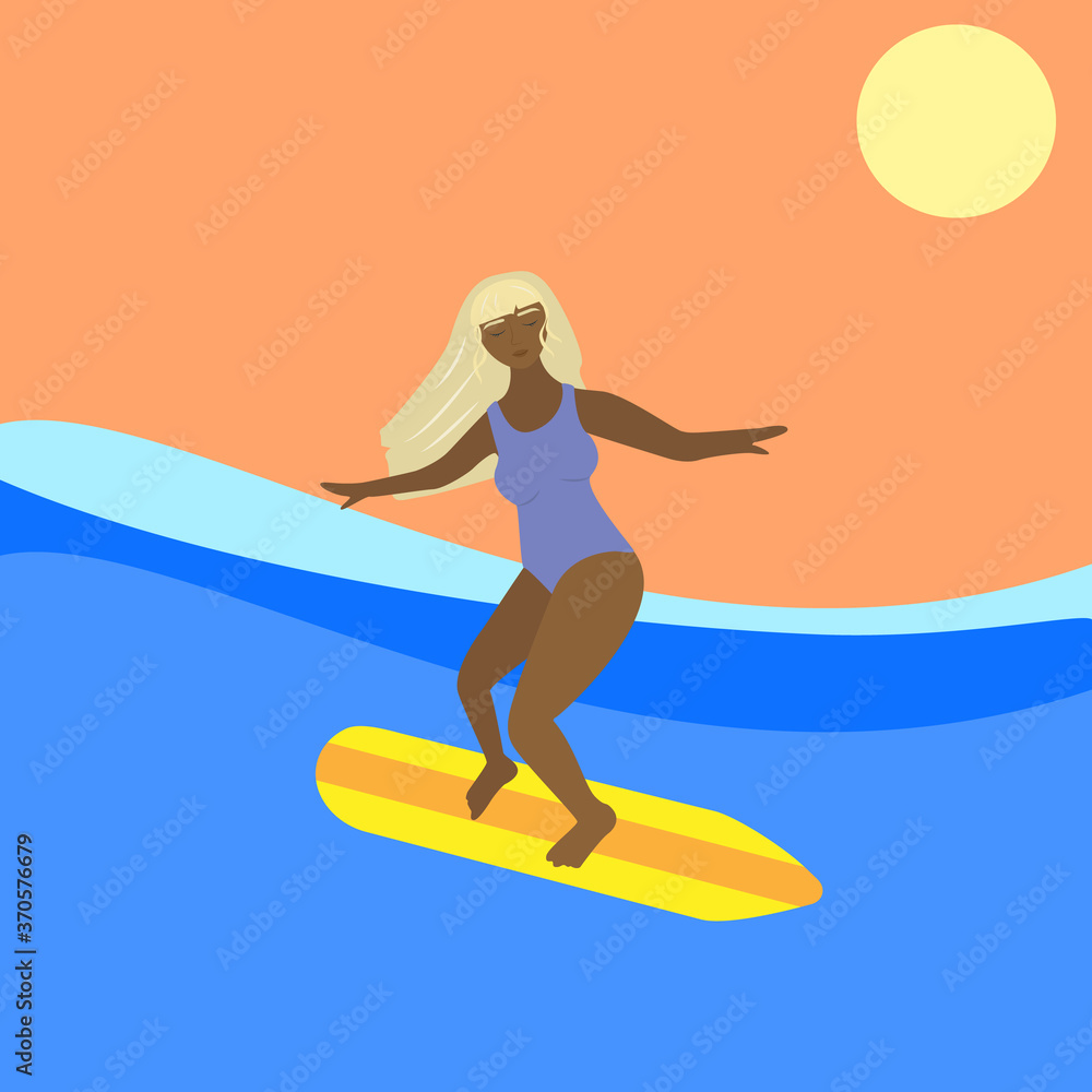 Girl on the surf. Girl on the beach. Summer mood. Vector illustration.