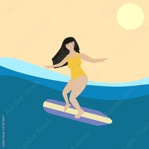Girl on the surf. Girl on the beach. Summer mood. Vector illustration.