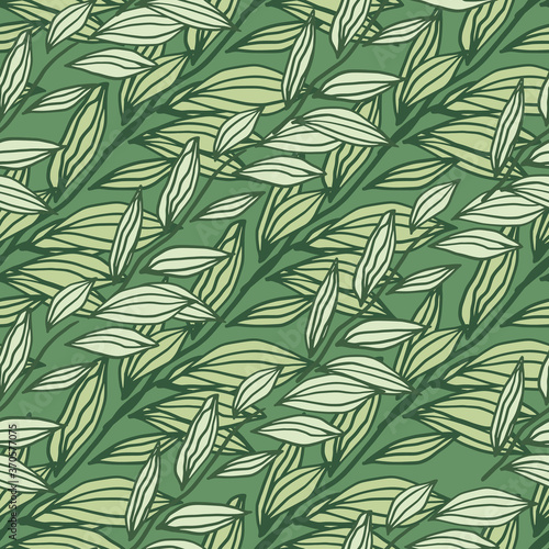 Pastel green tones seamless pattern with outline leaves ornament. Simple floral backdrop.