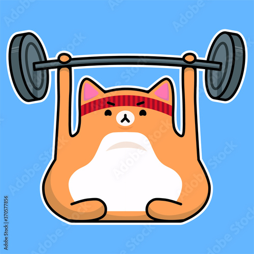 simple vector kawaii cartoon illustration sticker of a red ginger gym cat lifting weight barbell with red headband on blue background