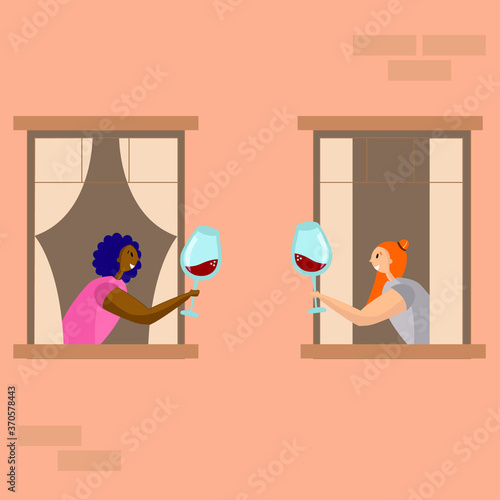 An illustration of two women having a conversation and drinking a glass of wine, standing at their windows. 