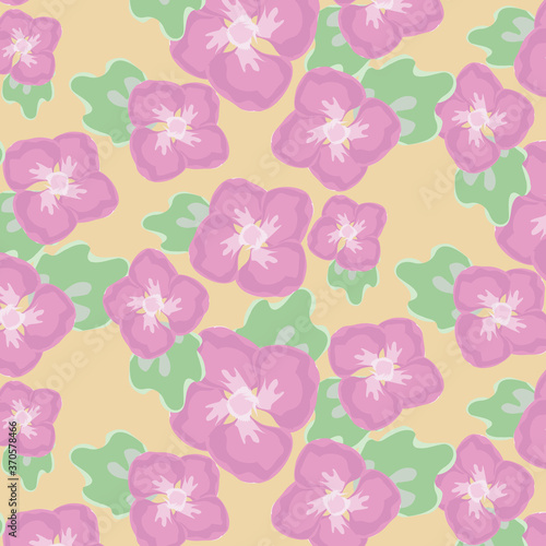 Abstract water color flower vector pattern, repeating pink flower with green leaves on yellow background. Pattern is clean for fabric, wallpaper and printing. Pattern is on swatches panel