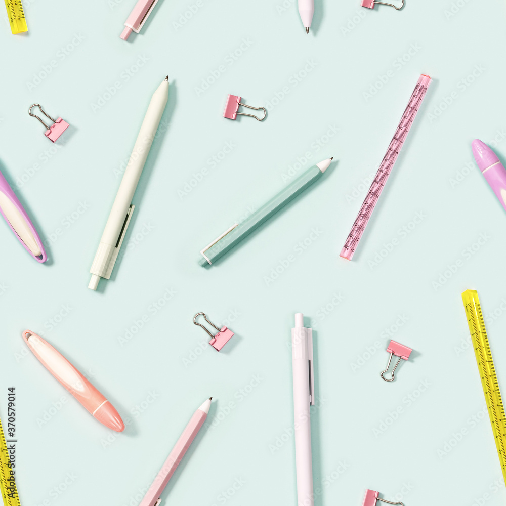 Creative seamless pattern with office supplies, color pencils, pens, puler, markers and metal paper clips. Back to school background. Creative seamless pattern with office supplies, color pencils, pens, puler, markers and metal paper clips. Back to school background.