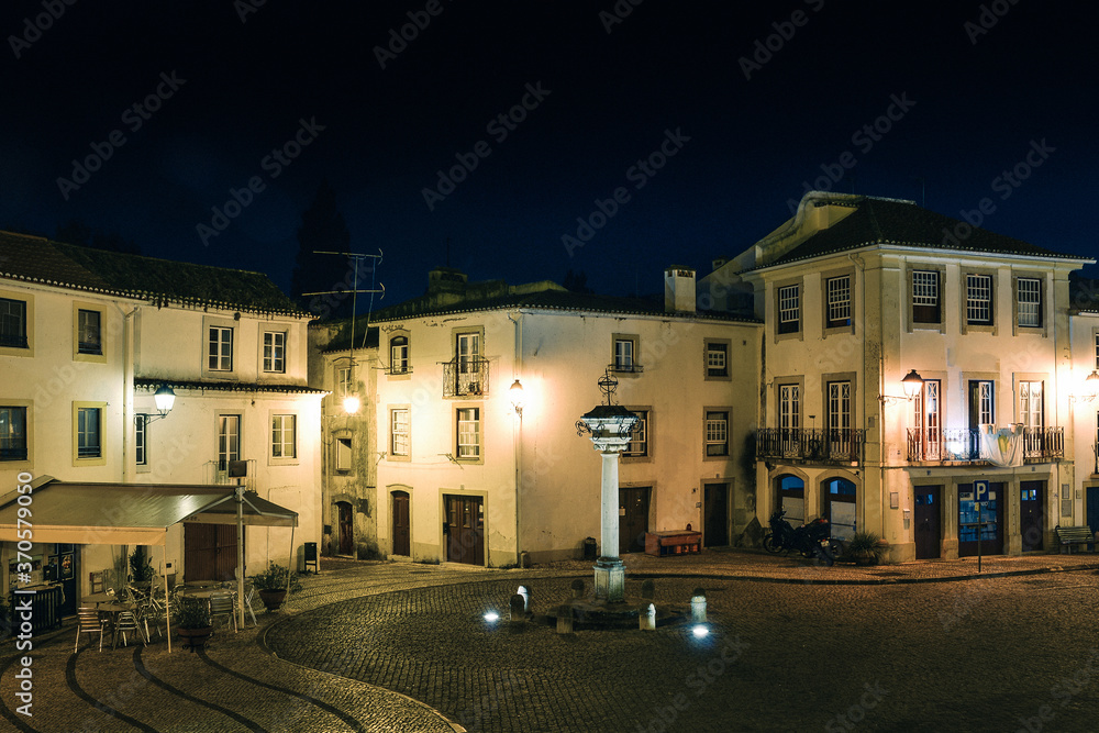 Night view of Alexandre Herculano Square in Constancia in the Santarem District of Portugal