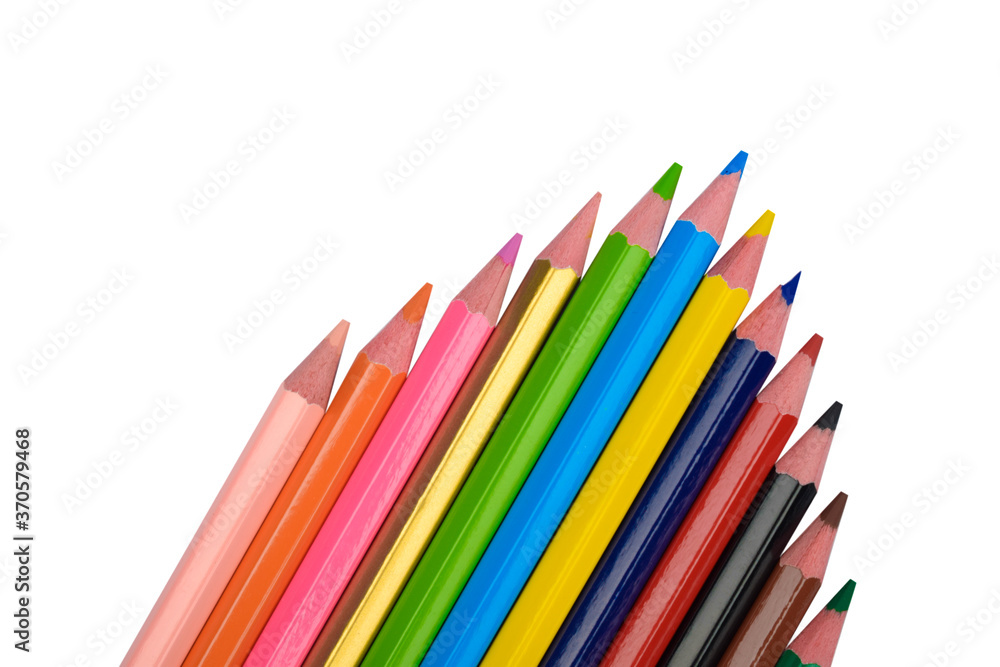 Beautiful arrow pattern made with some different wood pencil crayons on white background Beautiful arrow pattern made with some different wood pencil crayons on white background