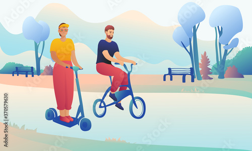 A beautiful grandmother rides an electric scooter with her adult son in the park. Grandmother with an adult son on a background of an abstract sky and trees. An active lifestyle concept.