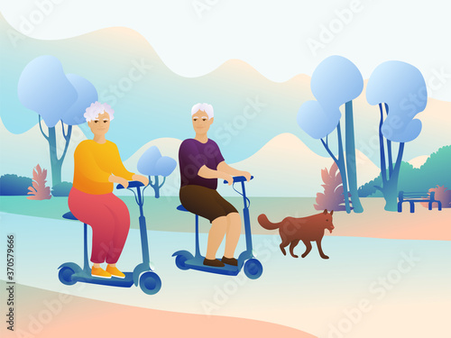 A beautiful grandmother is riding electric scooters with her grandfather in the park. Grandparents with the dog walk early in the morning. An elderly husband and wife lead an active lifestyle. 