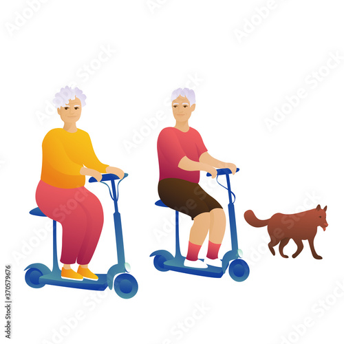 A beautiful grandmother is riding electric scooters with her grandfather on a white background. Grandparents with the dog walk in the morning. An elderly husband and wife lead an active lifestyle.