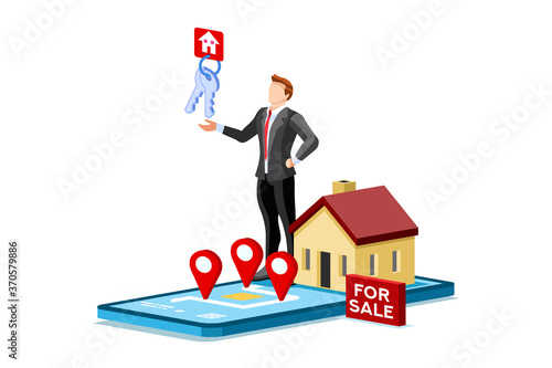 Mortgage to invest, characters and real estate property, loan on real estate to buy. Character and agent for invest on rent, mortgage concept or rent. Agent buying loan, people's property. Vector.