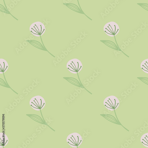 Light pink dandelion on seamless botanic pattern. Light green background.