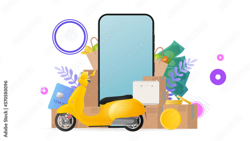 Collage on the theme of delivery. Yellow scooter with food rack, telephone, gold coins, cardboard boxes, paper bag with groceries. The concept of online ordering and delivery of food and shipping. Collage on the theme of delivery. Yellow scooter with food rack, telephone, gold coins, cardboard boxes, paper bag with groceries. The concept of online ordering and delivery of food and shipping.