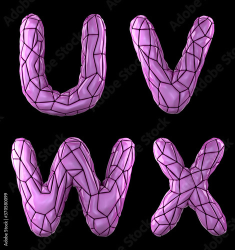 Realistic 3D letters set U, V, W, X made of low poly style. Collection symbols of low poly style pink color plastic isolated on black background