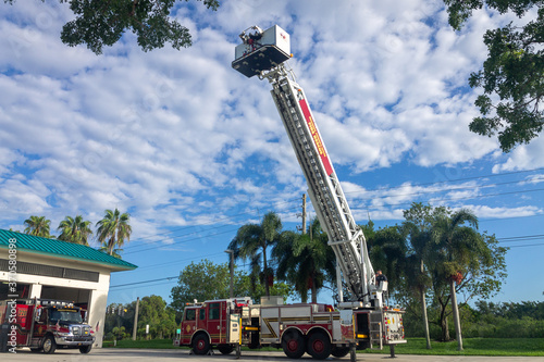 Fire Truck Ladder Extended to the Sky for Training