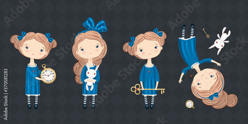 Set character in wonderland. Alice and white rabbit. Portrait of girl in retro stile. Vector illustration