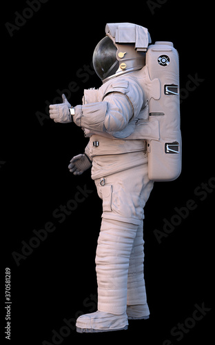 astronaut showing thumbs up, standing spaceman isolated on black background
