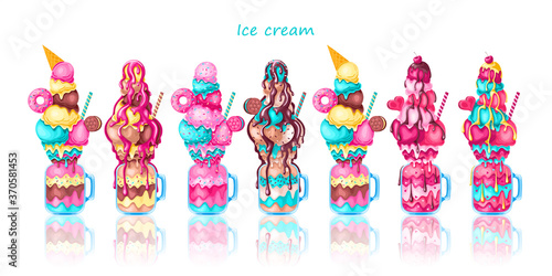 Strawberry, vanilla, caramel, mint and chocolate cocktails with ice cream, biscuits, donut, syrup and sprinkles in cocktail jars. The milkshakes set, vector illustration.