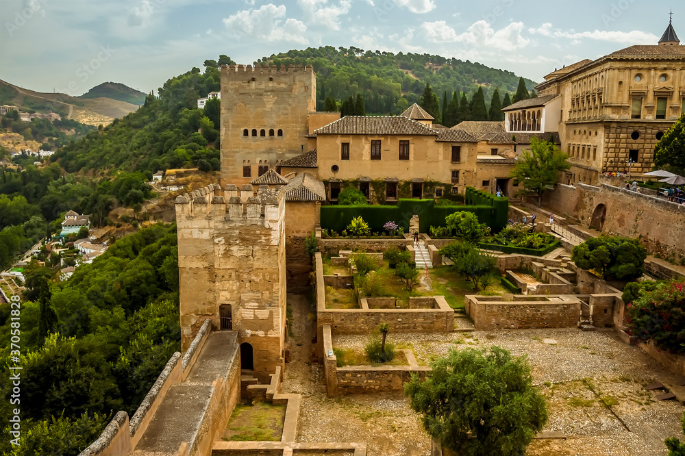 A view out from the Alhambra fortifications in Granada, Spain in the summertime