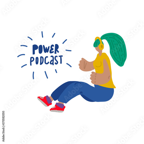 Radio host with a flat vector illustration of a table. Media hosting Doodle drawing. Female podcaster, girl holding a sign microphone with the inscription of the podcast, broadcaster in the workplace