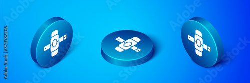 Isometric Knee pads icon isolated on blue background. Extreme sport. Skateboarding, bicycle, roller skating protective gear. Blue circle button. Vector Illustration.