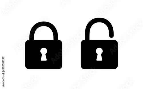 Lock icon. Unlock open lock. Padlock symbol password. Black private sign isolated on white background. Closed lock. Code safety. Security computer system. Simple flat lock. Vector illustration