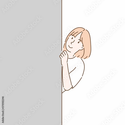 Woman hiding behind wall. Hand drawn character style vector.