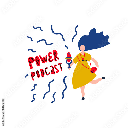 Radio host with a flat vector illustration of a table. Media hosting Doodle drawing. Female podcaster, girl holding a sign microphone with the inscription of the podcast, broadcaster in the workplace